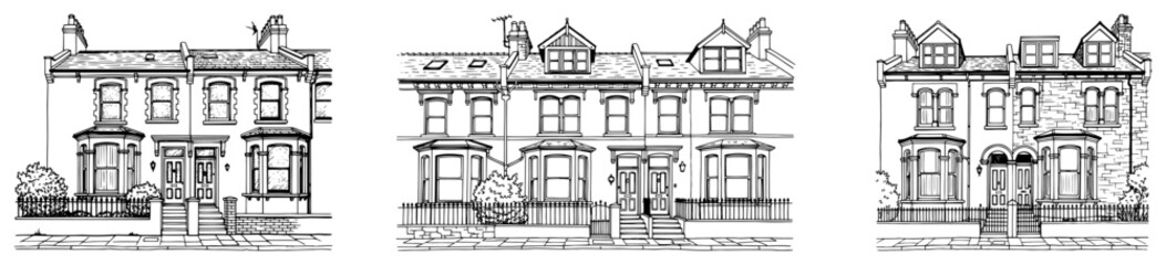 Victorian terraced row houses in urban street architectural sketch style © AnjaliDesai