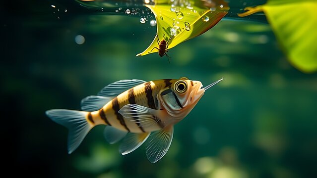 cyclotis. Archerfish aiming at an insect above the water surface. wildlife magazines, conservation campaigns, designed for nature documentaries and education, supports conservation.