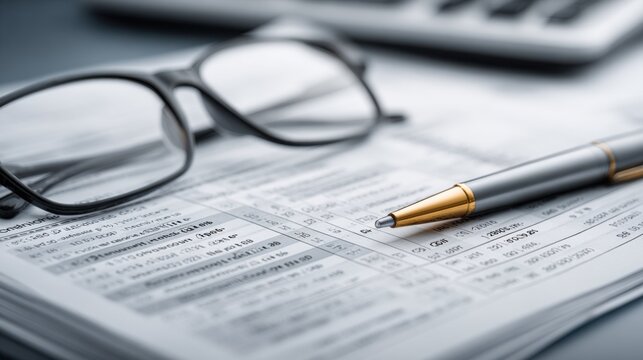 Professional Desk Scene: Glasses, Pen, and Financial Document with Calculator in Background