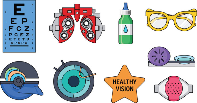 Ophthalmology and Eye Care Icon Set Featuring Snellen Chart Phoropter Eyeglasses Contact Lenses and Healthy Vision Tools