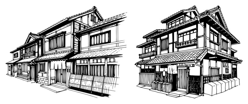 Traditional Japanese house and machiya street architecture in vintage sketch style