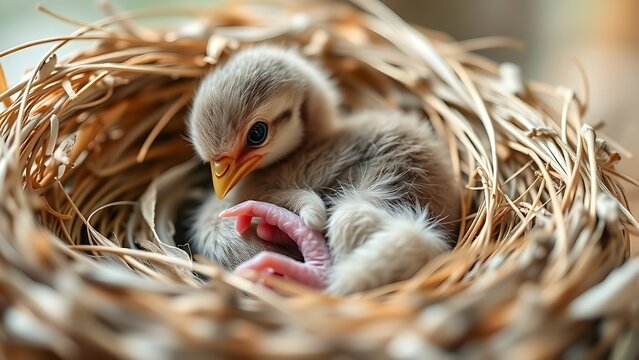 featherless. A featherless newborn hatchling curled in an empty nest, soft natural light. wildlife magazines, conservation campaigns, designed for wildlife conservation campaigns.