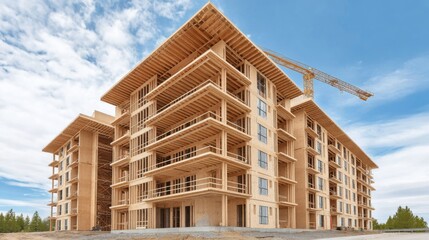 Naklejka premium Modern Timber Framed Apartment Building Under Construction with Crane and Blue Sky