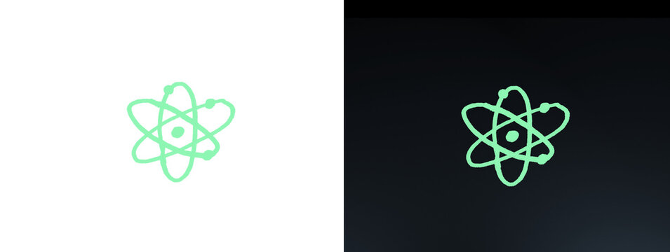 Green Glowing Atom Molecule Science Symbol Line Art Icon on Split White and Black Background
