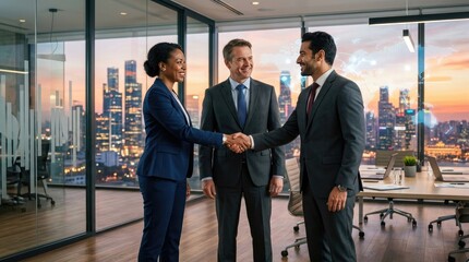 Fototapeta premium Diverse Business Professionals Shaking Hands in Modern Office with City View.