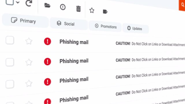 Receiving phishing mail from anonymous. Email spamming and phishing on digital screens. Mail UI animation.