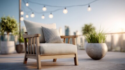 Obraz premium Cozy Wooden Armchair with Striped Pillow on a Rooftop Patio with String Lights and Potted Plants