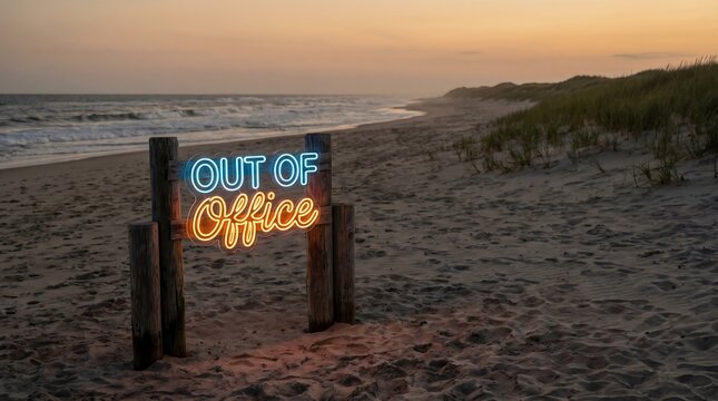 Out of Office Neon Sign on a Tranquil Sunset Beach