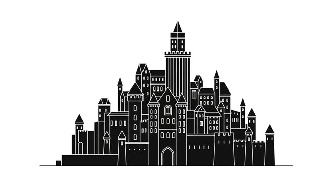 Medieval Castle Silhouette Icon with Tall Towers on White Background