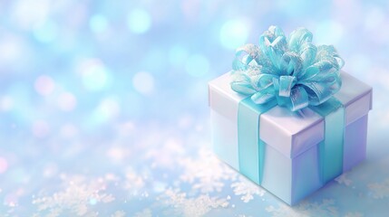 Fototapeta premium White Gift Box With Blue Bow Elegant Festive Celebration Presentation Winter Holiday Season Concept
