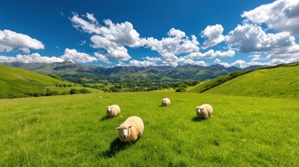 Obraz premium scenic landscape sheep grazing vibrant green meadow bright blue cloudy sky pastoral countryside nature wide angle serene rural scenery peaceful outdoor concept