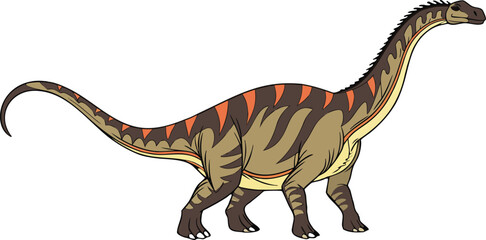A large, herbivorous dinosaur, identified as an Apatosaurus, dominates the center of the image. The creature stands in a natural pose, with its long neck gracefully curved upwards and slightly towards © Azad
