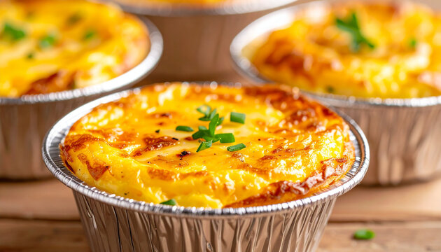 Mini egg casserole in foil dish, golden baked edges, creamy melted cheese on top, appetizing breakfast snack. Tasty food.