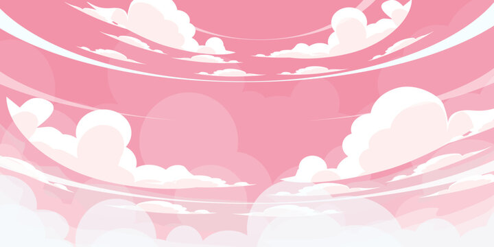 Cute pink sky illustration with cloud bubbles. Nature scenery theme