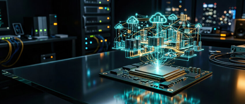 Llm ai chips neural processor projecting cloud network hologram over circuit board dark server room conveying innovation