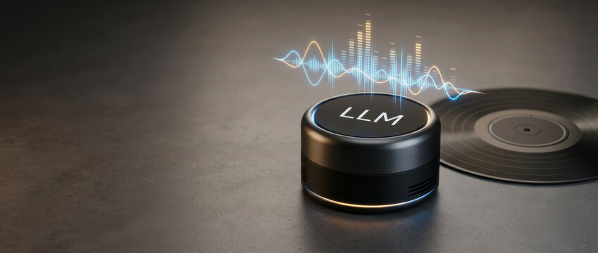 Llm ai chips smart speaker on table playing music with waveform visualizing sound energy in warm studio light