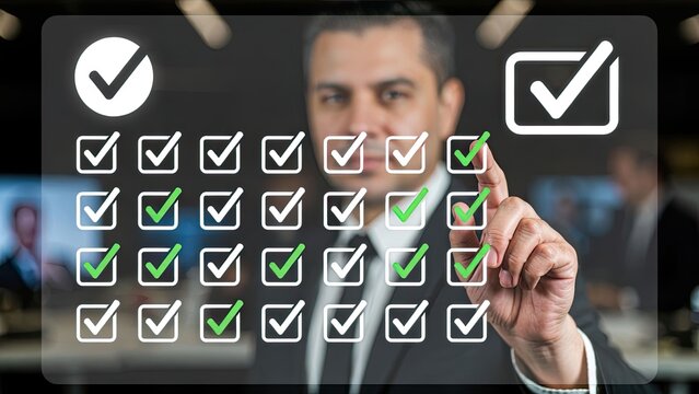Business professional utilizing digital checklist in office setting for enhanced productivity