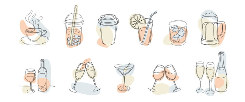 Collection set of classic refreshment and alcohol drinks, with artistic watercolor blobs, continuous one line art drawing, Editable scalable vector