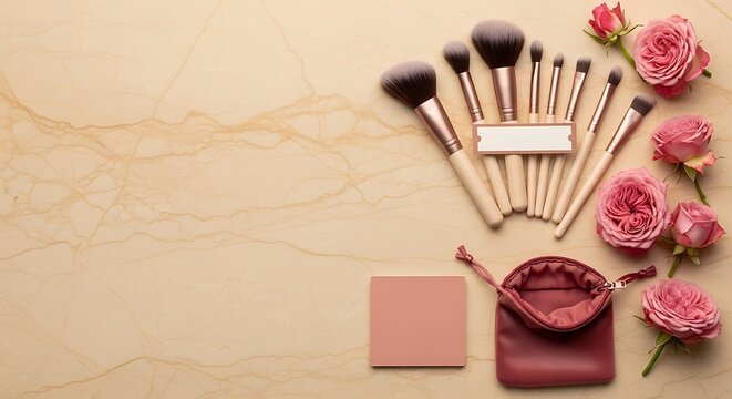 Professional makeup brushes set with pink flowers and a small pouch on a soft light brown background flatlay