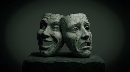 Obraz premium Two contrasting cracked stone theatrical masks representing comedy and tragedy placed together to symbolize the duality of human emotional states