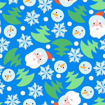 Vector seamless pattern with Christmas characters in a winter forest. Santa and snowman among fir trees.