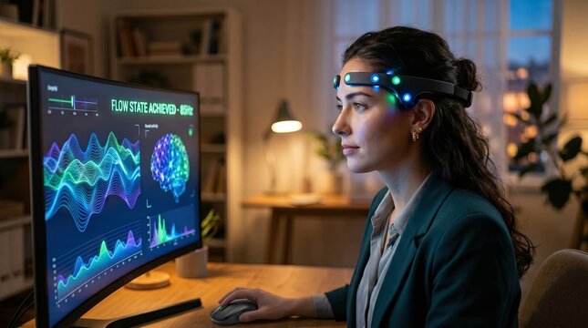 Woman using EEG headband with real-time brainwave visualization, flow state concept, futuristic neurotechnology