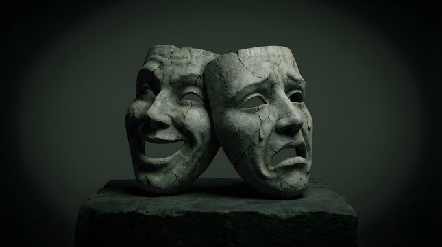 Two contrasting cracked stone theatrical masks representing comedy and tragedy placed together to symbolize the duality of human emotional states