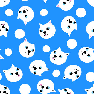 Vector seamless pattern with white cat faces among white snow