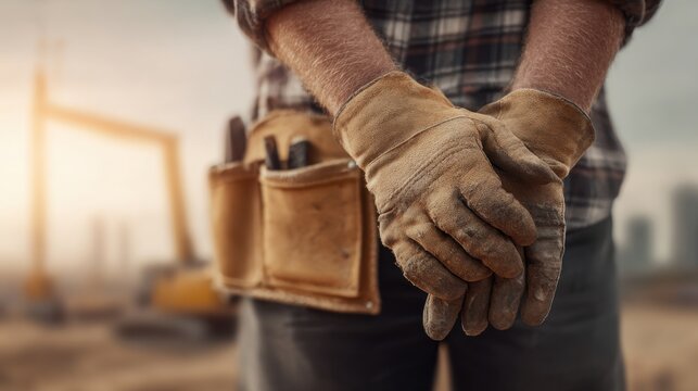 Construction worker wearing protective gloves and tool belt at outdoor site with excavator and building in background