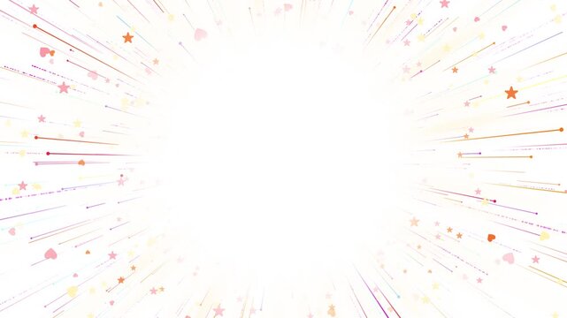 Colorful star burst kids background white center, flying hearts, stars, pastel motion lines. birthday videos, children intros, celebration screens, party titles, greeting cards, playful overlays.