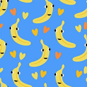 Vector seamless pattern with funny bananas and hearts