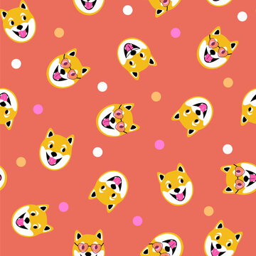 Vector seamless pattern with funny Shiba Inu dog faces