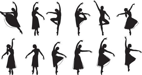 Fototapeta premium Black silhouette of people performing various activities and poses black silhouettes exercise