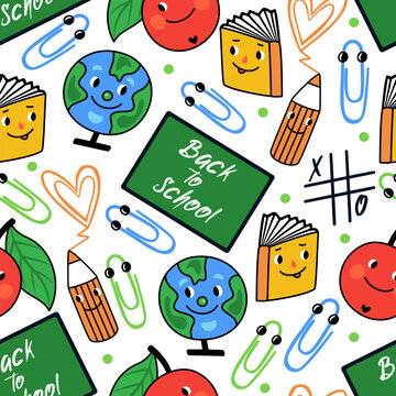 Vector seamless pattern Back to school with funny elements Globe, book, apple, pencil and paper clips