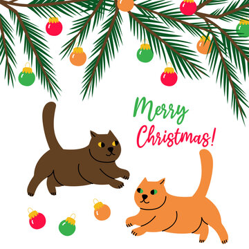 Vector Christmas illustration with funny cats under the Christmas tree playing with Christmas balls
