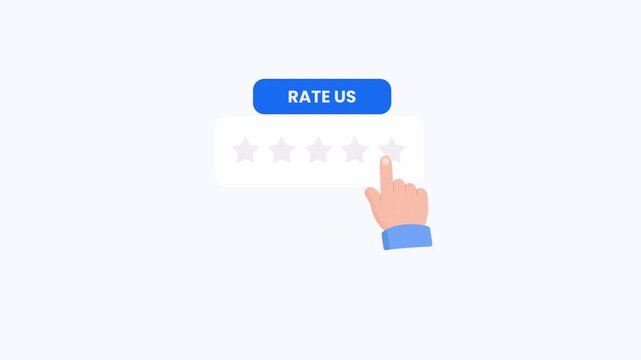 Customer review concept, rate us button with five star feedback and hand click rating symbol, flat 2d illustration isolated background