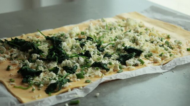 Close-up of adding cooked baby spinach over cheese and green onions on raw puff pastry