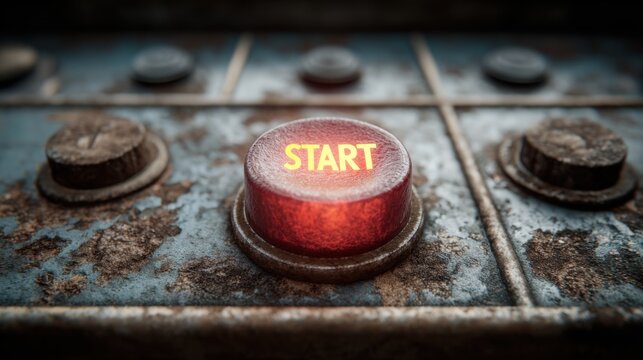 Close-up of a glowing red start button on a weathered industrial control panel, symbolizing new beginnings and activation