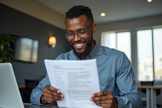 African Business Manager Reviewing Resume in Modern Office Setting with Laptop and Computer Monitor Before Interview