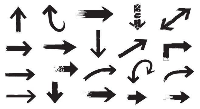 Set of hand drawn grunge texture paint brush, business arrows with different length and thickness hand drawn set. 
