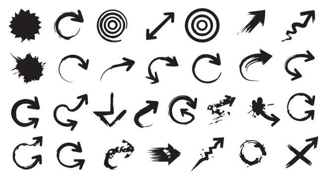 Set of hand drawn grunge texture paint brush, business arrows with different length and thickness hand drawn set. 
