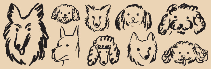Scribble chalk or charcoal style dogs drawing. Hand drawn puppy sketch art. Wax crayon grunge funny whimsical cute charcoal illustrations for tshirt print, placard, poster or isolated doodle stickers.