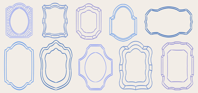 Coastal frame set. Hand drawn geometric colorful border collection. Minimal abstract oval, arch or rectangle shapes kit. Elegant retro empty banner, poster, placard decor. Doodle vintage emblem.