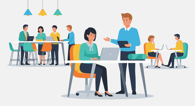 Diverse group of people collaborating and working on laptops in a modern office setting (1)