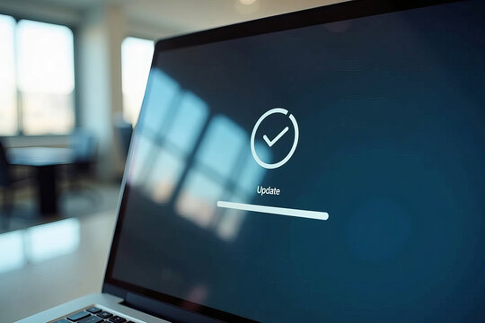 A laptop screen with a progress bar for a software update in a modern office setting.