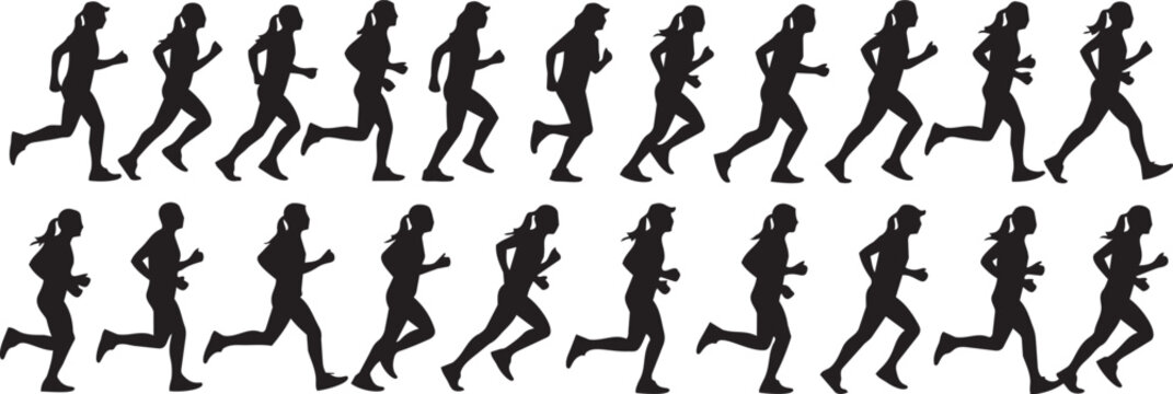 Black silhouette sequence of human figures running in a row running figures motion line monochrome