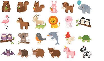 Cute Cartoon Animal Collection Set with Lion, Elephant, Koala, Unicorn, Zebra, Flamingo and More for Kids and Nursery Designs © Md