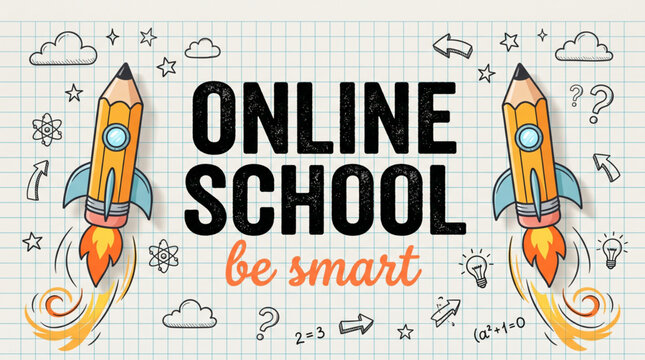 Online school be smart vector illustration with twin pencil rockets and hand drawn doodles on grid paper background for digital learning app
