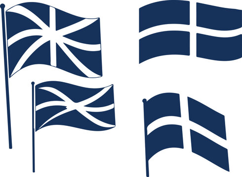 Cornish Flags Waving in Wind Vector Illustration Set