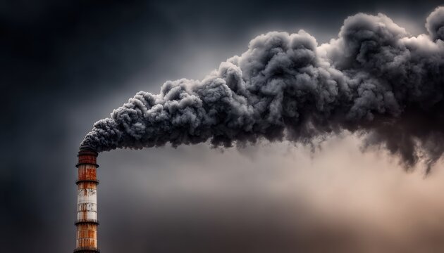 Industrial chimney emitting dark smoke against a dramatic, hazy sky symbolizing pollution and environmental impact.